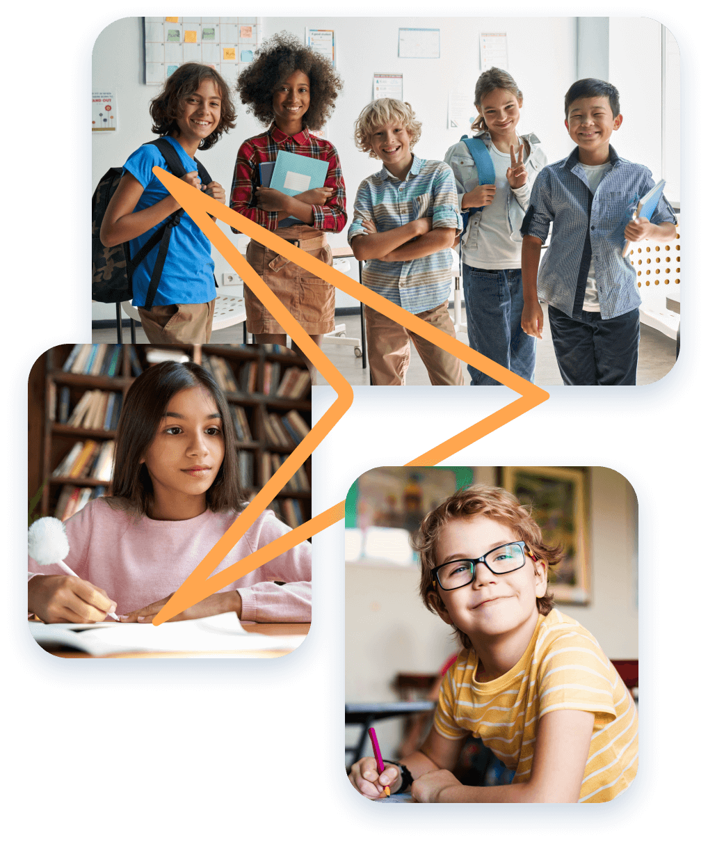 Three images of young students learning in a classroom